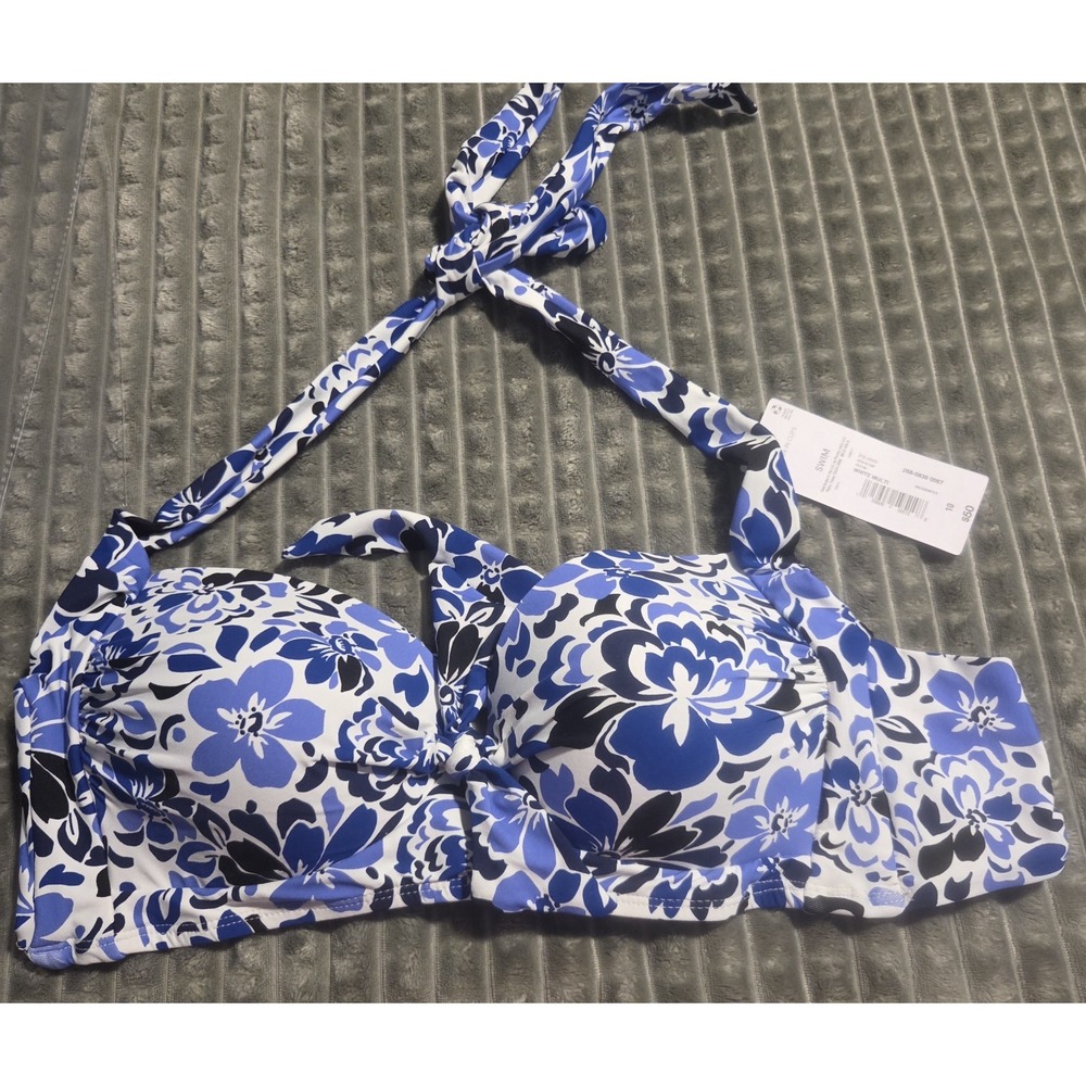 Liz Claiborne Halter Bikini Swim Top Floral White Blue Black 10 NEW